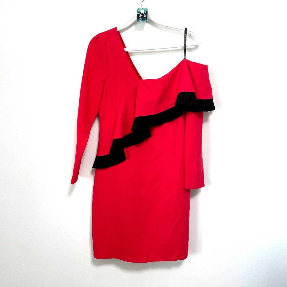 45.) Black Halo Tava Dress Coral Red with Custom Black Pleated Trim- Size 6